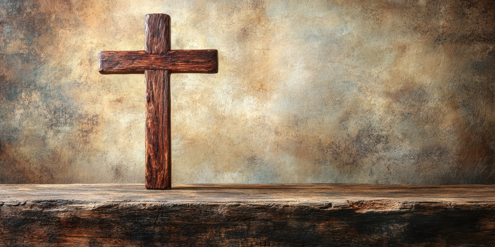 Rustic wooden cross stands on a weathered table against a textured background creating a serene atmosphere
